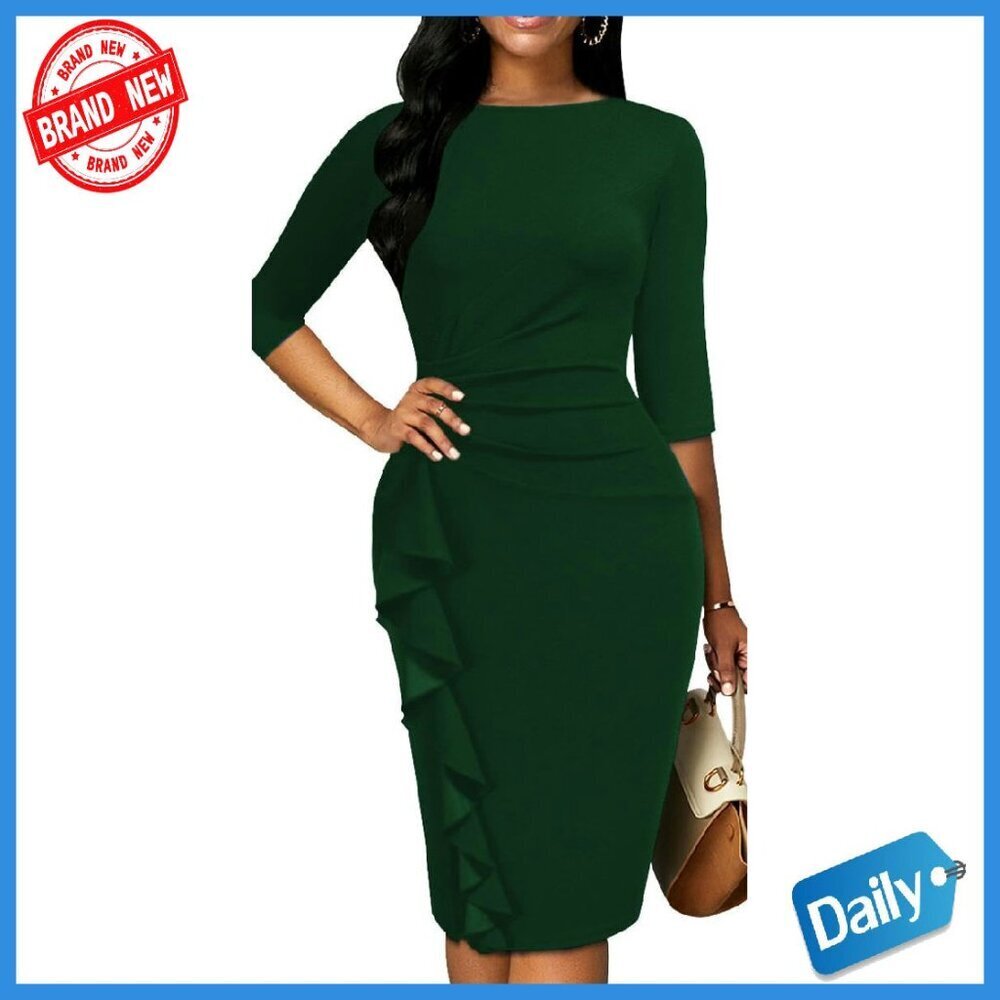 3/4 Sleeve Bodycon Ruffle Pencil Midi Dress for Work & Formal